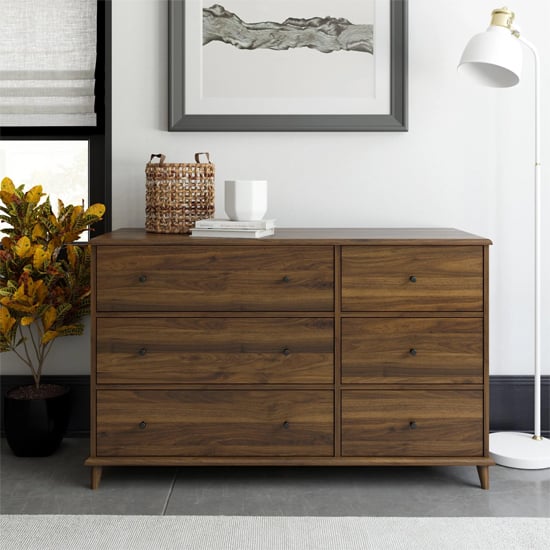 Product photograph of Ferris Wooden Chest Of 6 Drawers Wide In Walnut from Furniture in Fashion