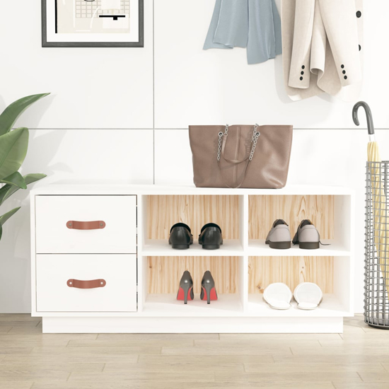 Product photograph of Ferrol Pinewood Shoe Storage Bench With 2 Drawers In White from Furniture in Fashion