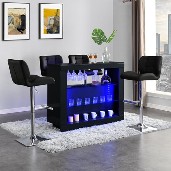 Product photograph of Fiesta Black High Gloss Bar Table With 4 Candid Black Stools from Furniture in Fashion