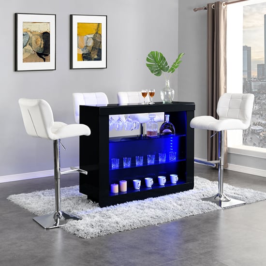 Read more about Fiesta black high gloss bar table with 4 candid white stools