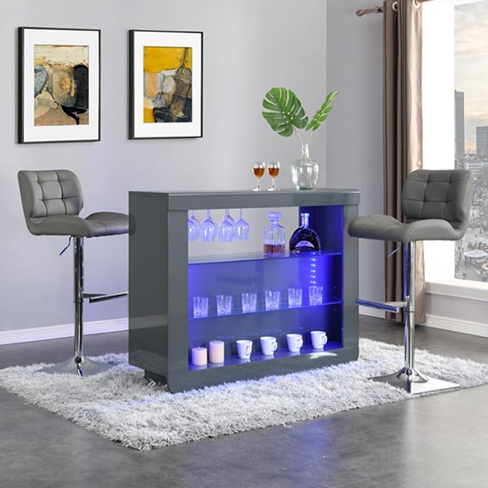 Photo of Fiesta grey high gloss bar table with 2 candid grey stools