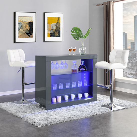 Read more about Fiesta grey high gloss bar table with 2 candid white stools