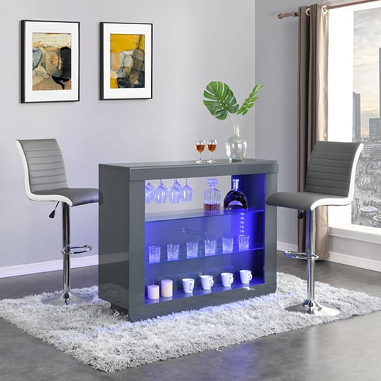 Read more about Fiesta grey high gloss bar table with 2 ritz grey white stools