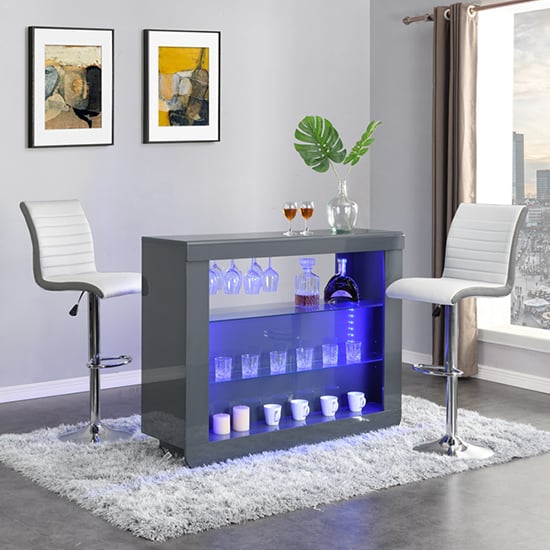 Read more about Fiesta grey high gloss bar table with 2 ritz white grey stools