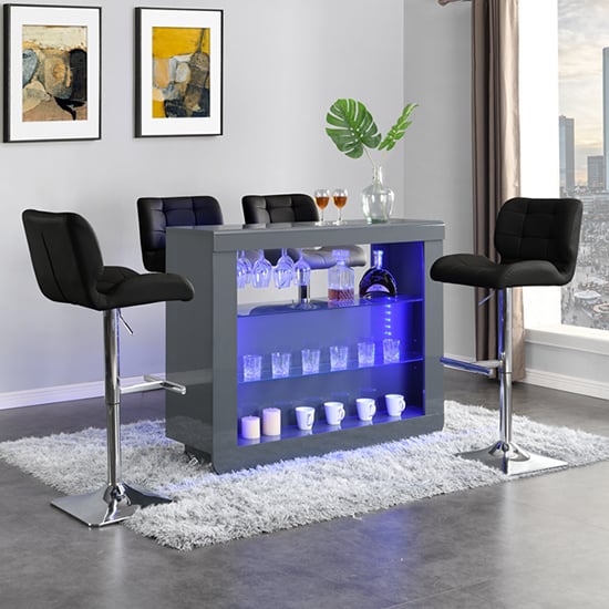 Read more about Fiesta grey high gloss bar table with 4 candid black stools