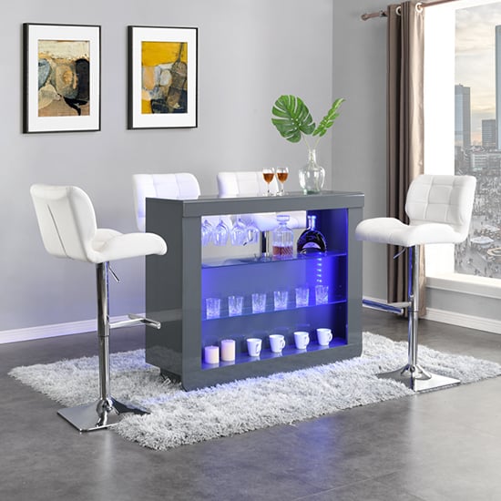 Read more about Fiesta grey high gloss bar table with 4 candid white stools