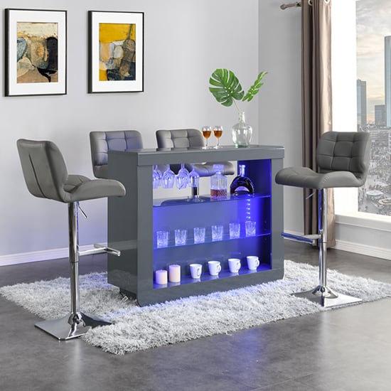 Read more about Fiesta grey high gloss bar table with 4 candid grey stools