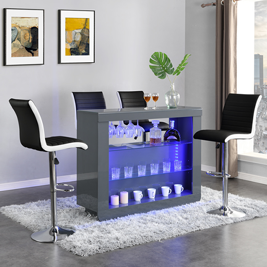 Read more about Fiesta grey high gloss bar table with 4 ritz black white stools