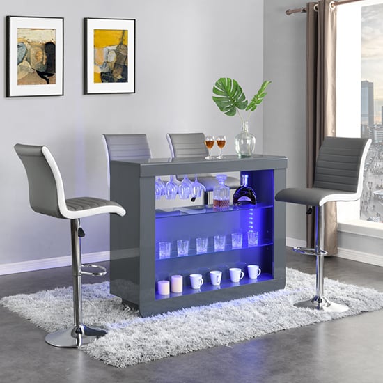 Product photograph of Fiesta Grey High Gloss Bar Table With 4 Ritz Grey White Stools from Furniture in Fashion