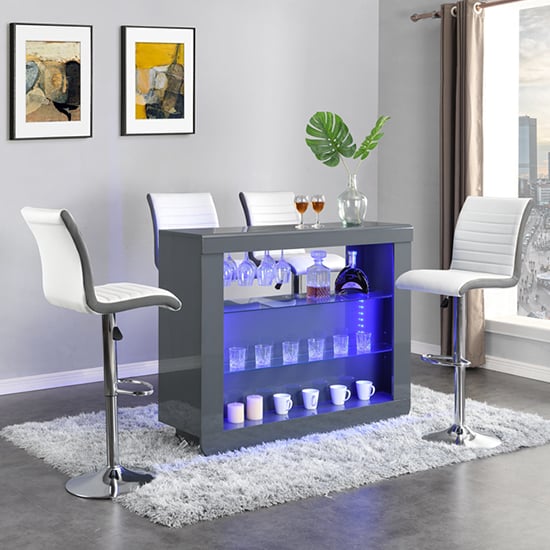Product photograph of Fiesta Grey High Gloss Bar Table With 4 Ritz White Grey Stools from Furniture in Fashion