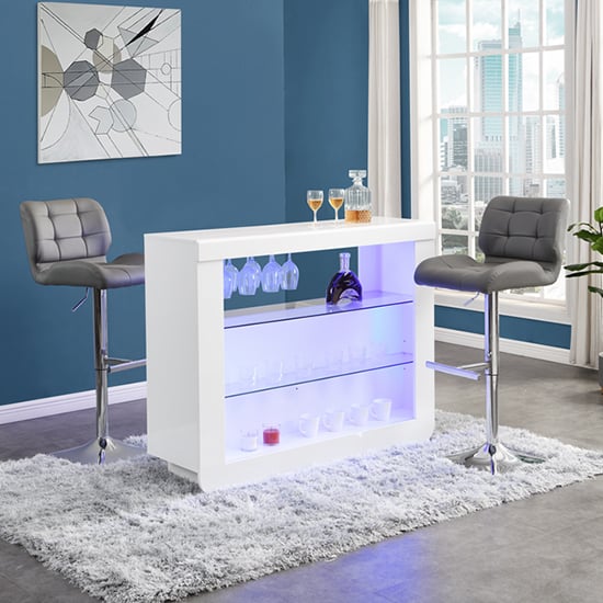 Read more about Fiesta white high gloss bar table with 2 candid grey stools
