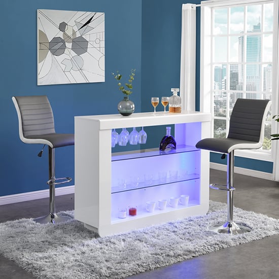 Photo of Fiesta white high gloss bar table with 2 ritz grey white stools