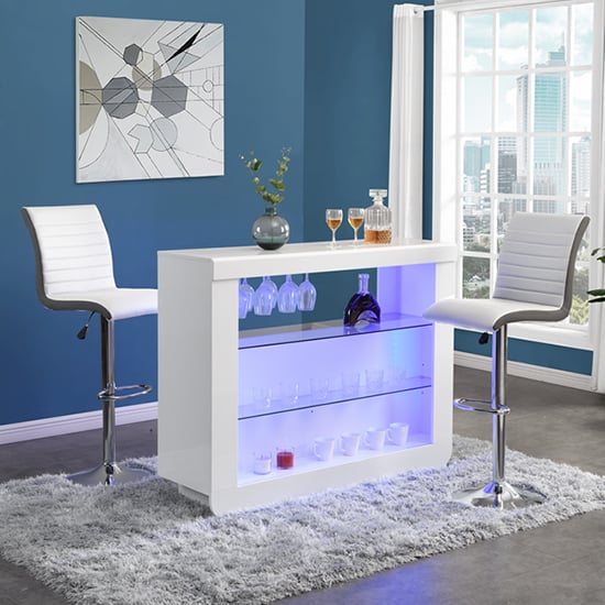 Product photograph of Fiesta White High Gloss Bar Table With 2 Ritz White Grey Stools from Furniture in Fashion