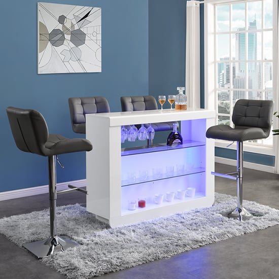 Read more about Fiesta white high gloss bar table with 4 candid grey stools