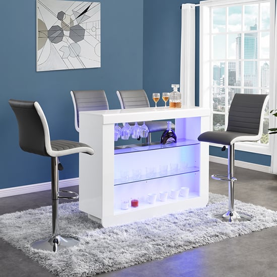 Read more about Fiesta white high gloss bar table with 4 ritz grey white stools