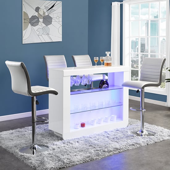 Read more about Fiesta white high gloss bar table with 4 ritz white grey stools