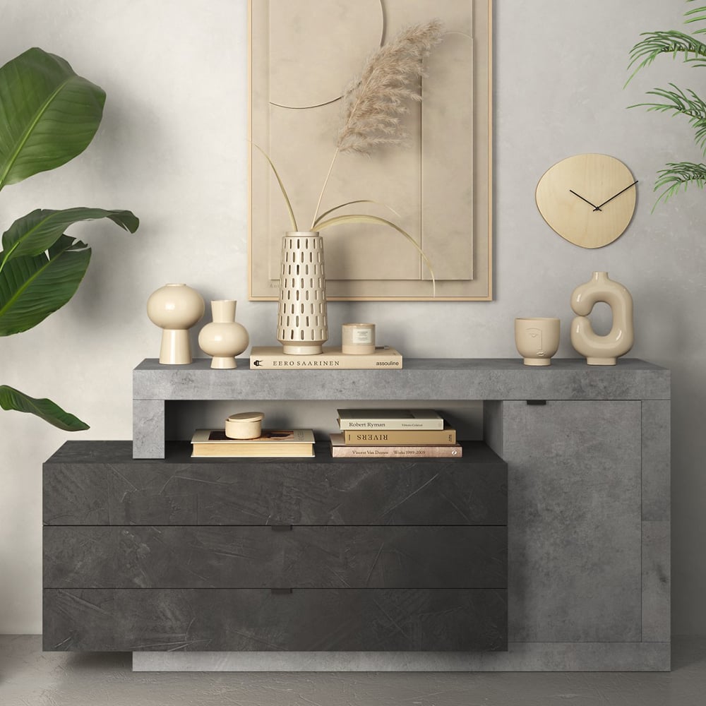 fiora wooden sideboard with 1 door 3 drawers in cement and lead