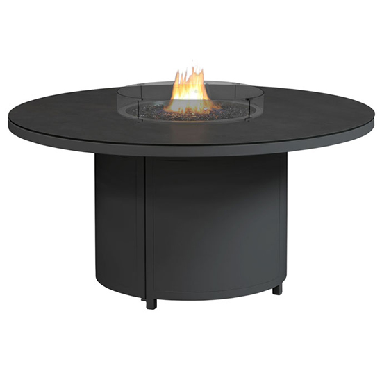 Read more about Flitwick round 150cm glass dining table with firepit in matt slate