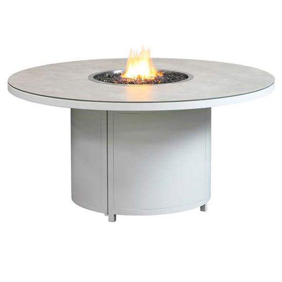 Read more about Flitwick round 150cm glass dining table with firepit in matt stone