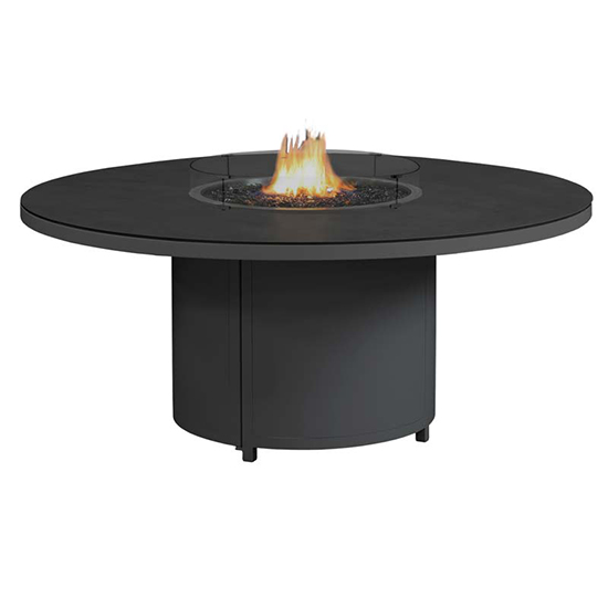 Read more about Flitwick round 180cm glass dining table with firepit in matt slate