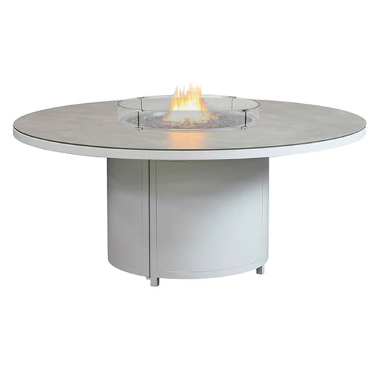 Read more about Flitwick round 180cm glass dining table with firepit in matt stone