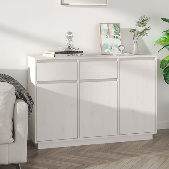 Photo of Flavius pinewood sideboard with 3 doors 2 drawers in white