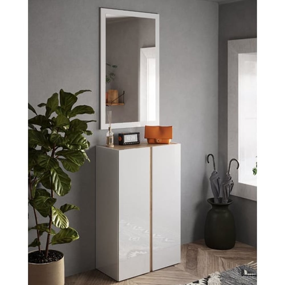 Read more about Flint narrow high gloss shoe cabinet with mirror in white cadiz oak