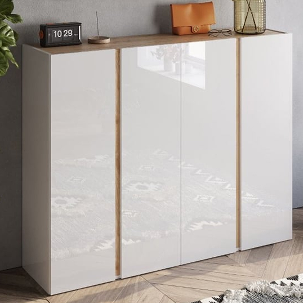 Read more about Flint wide high gloss shoe cabinet with 4 doors in white cadiz oak