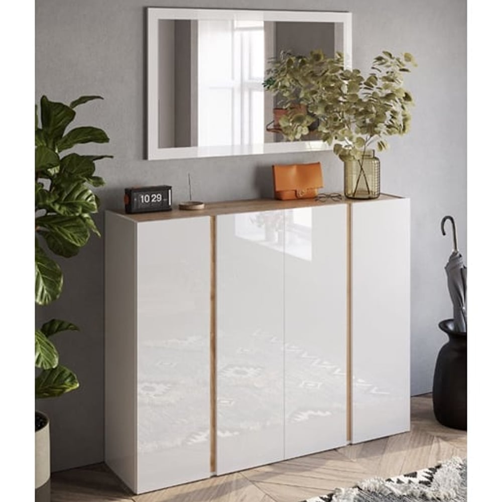 Read more about Flint wide high gloss shoe cabinet with mirror in white cadiz oak