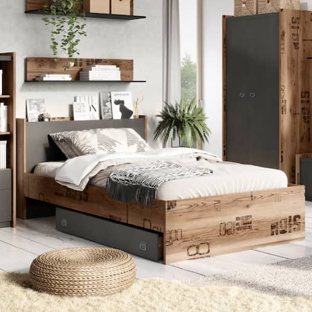 flint wooden single bed in raw steel