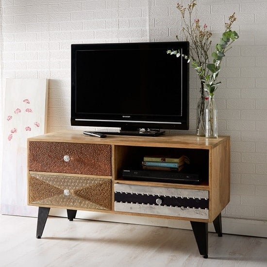 View Flocons wooden tv stand in reclaimed wood with 3 drawers