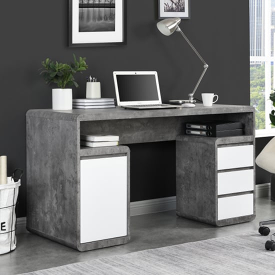 Photo of Florentine gloss computer desk in white and concrete effect