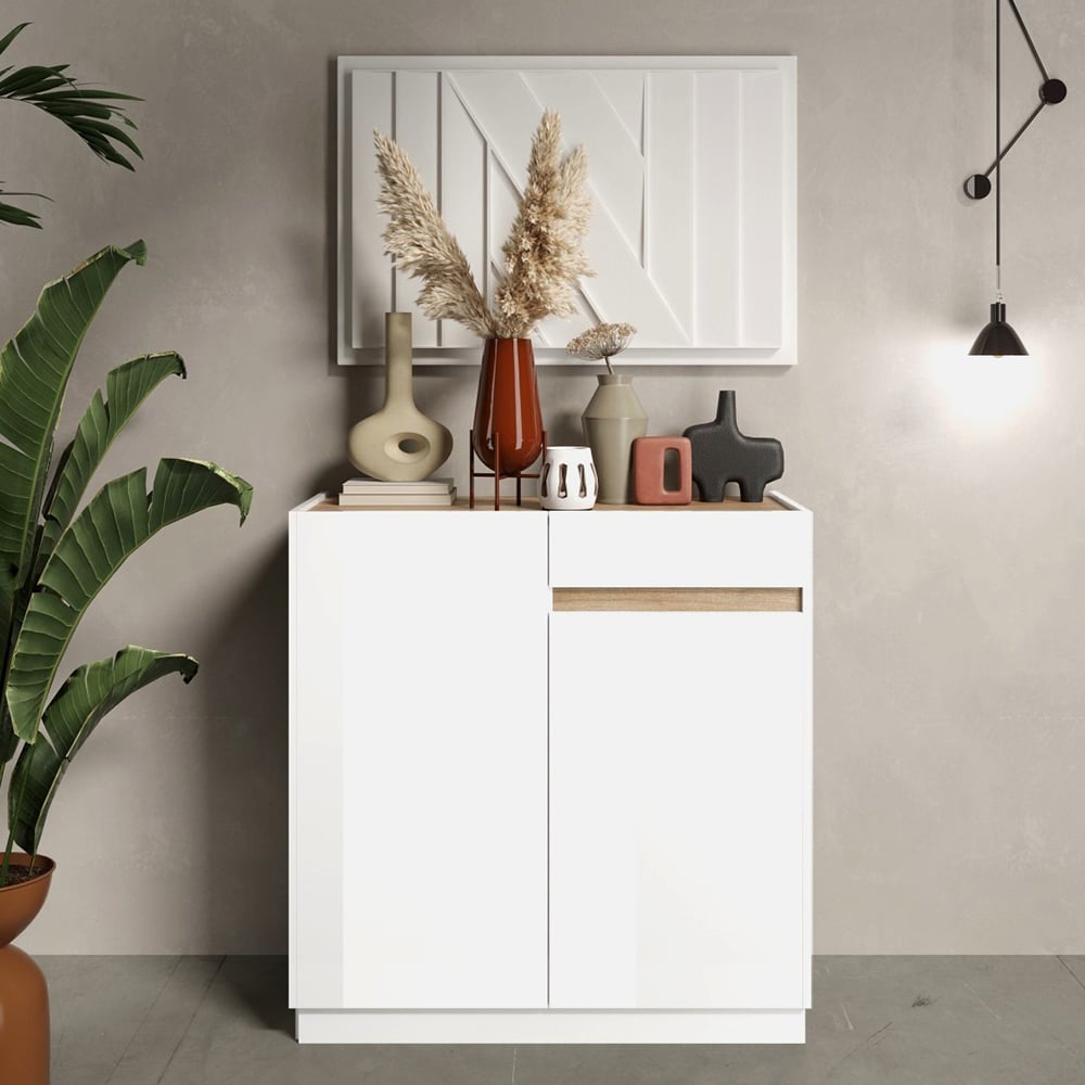 Read more about Flores white gloss sideboard with 2 doors 1 drawer in light oak