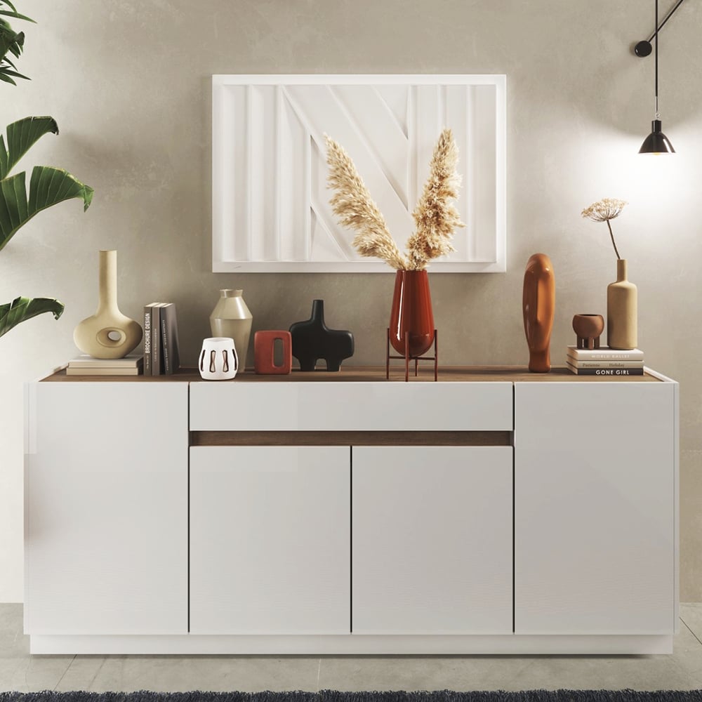 Read more about Flores white gloss sideboard with 4 doors 1 drawer in dark oak