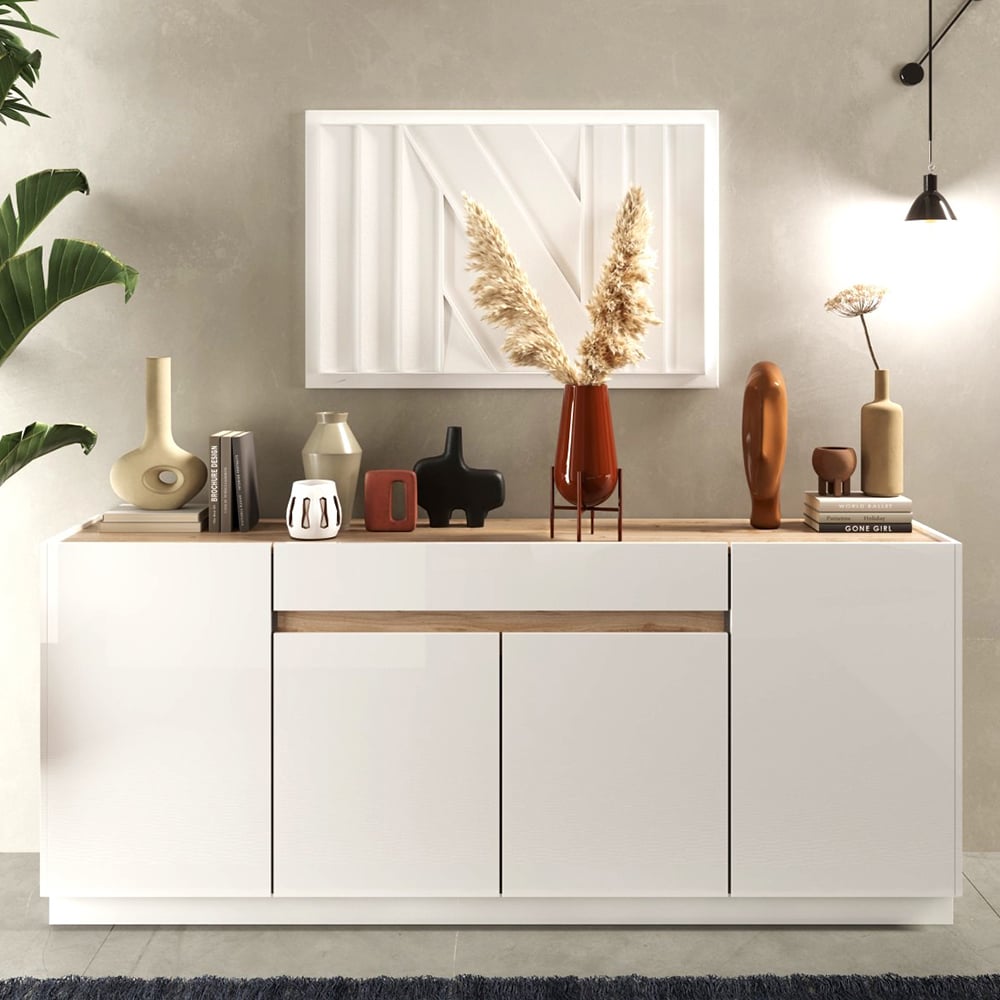 Read more about Flores white gloss sideboard with 4 doors 1 drawer in light oak