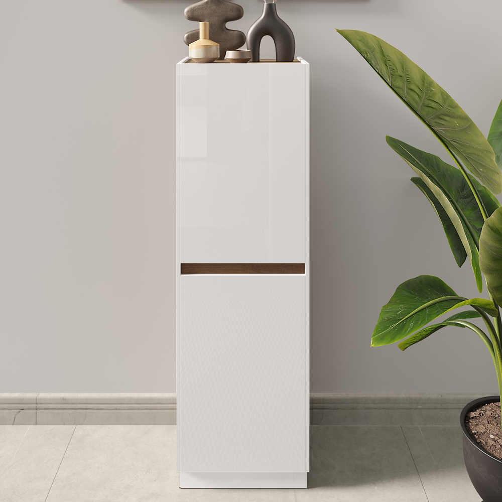 Read more about Flores white gloss storage cabinet with 2 doors in dark oak