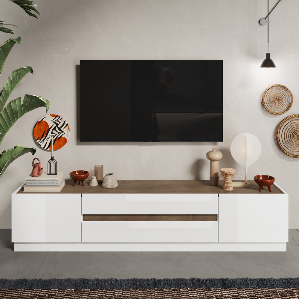 Read more about Flores white gloss tv stand with 2 doors 2 drawers in dark oak