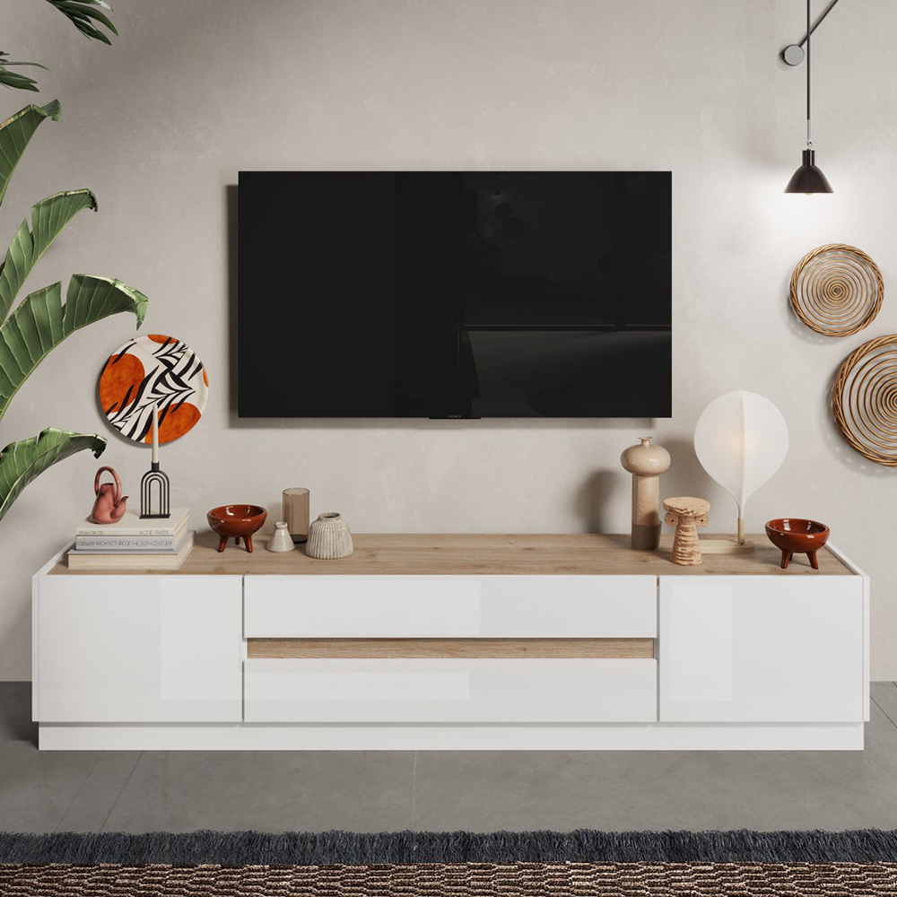 Read more about Flores white gloss tv stand with 2 doors 2 drawers in light oak