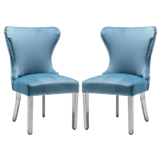 Read more about Floret button back blue velvet dining chairs in pair