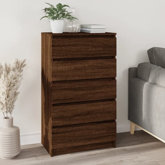 Product photograph of Fowey Wooden Chest Of 5 Drawers In Brown Oak from Furniture in Fashion