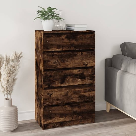 Product photograph of Fowey Wooden Chest Of 5 Drawers In Smoked Oak from Furniture in Fashion