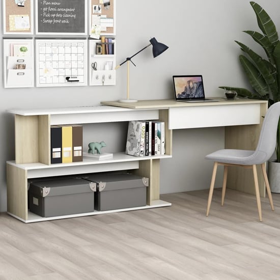 Product photograph of Fowey Wooden Laptop Desk Corner In White And Sonoma Oak from Furniture in Fashion