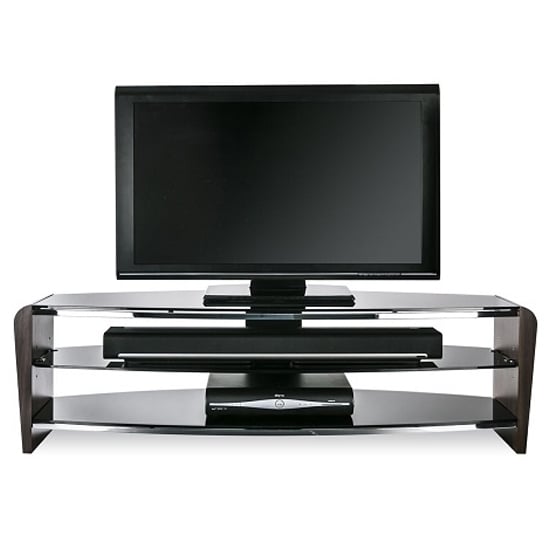 Photo of Francian black glass tv stand with walnut wooden frame