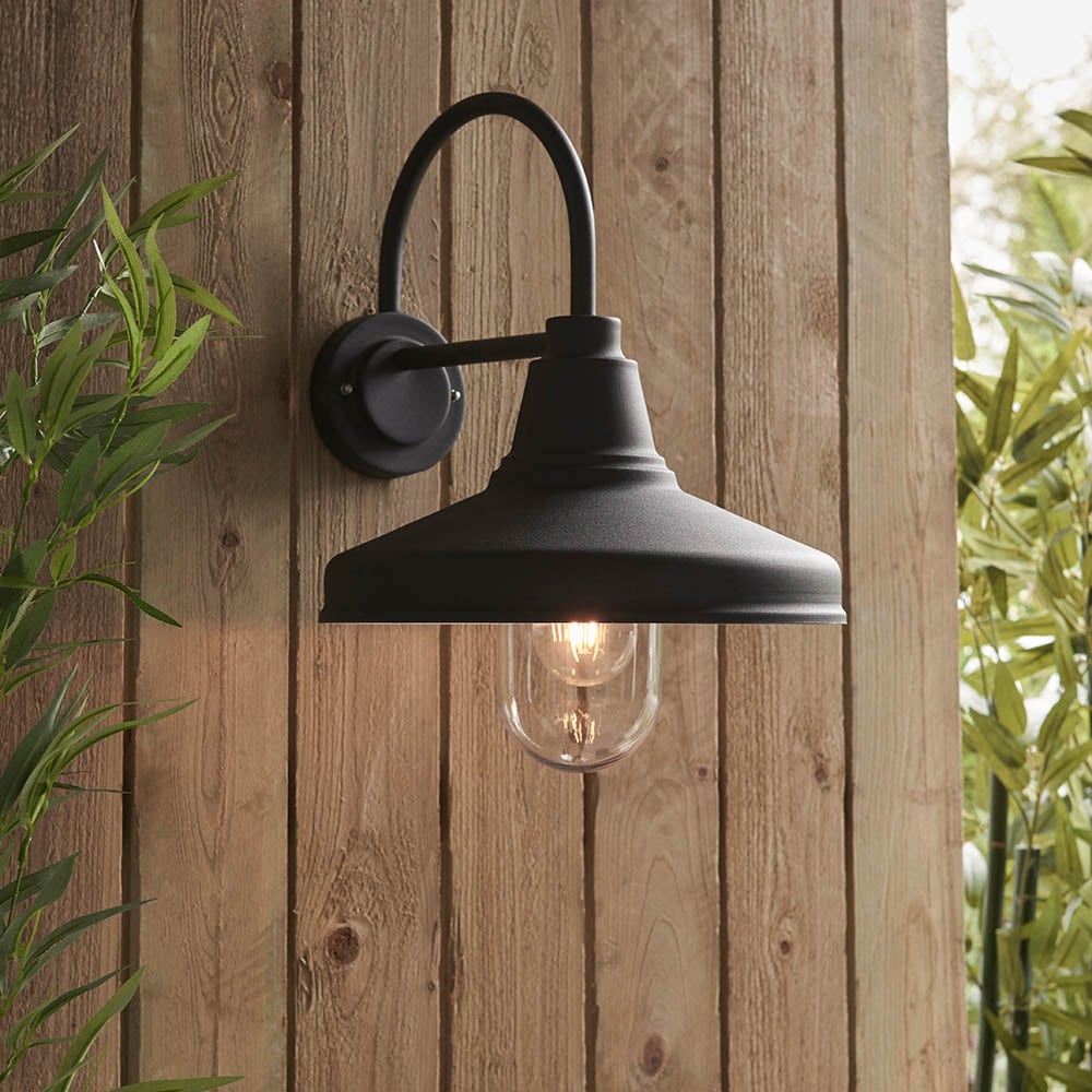 Product photograph of Fraser Clear Glass Shade Outdoor Wall Light In Black from Furniture in Fashion