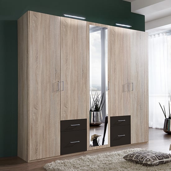 Read more about Freiburg mirrored wooden wardrobe in oak and graphite