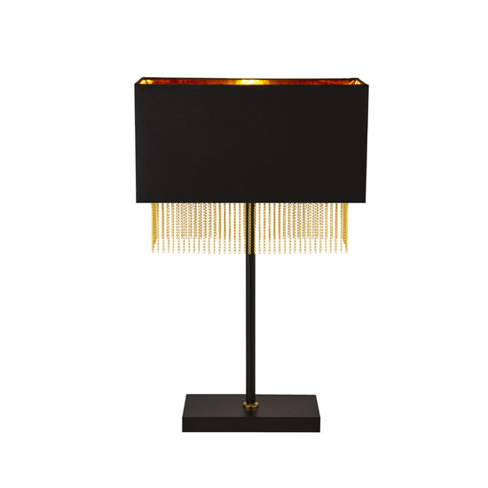 Read more about Fringe table lamp in black shade with gold chain