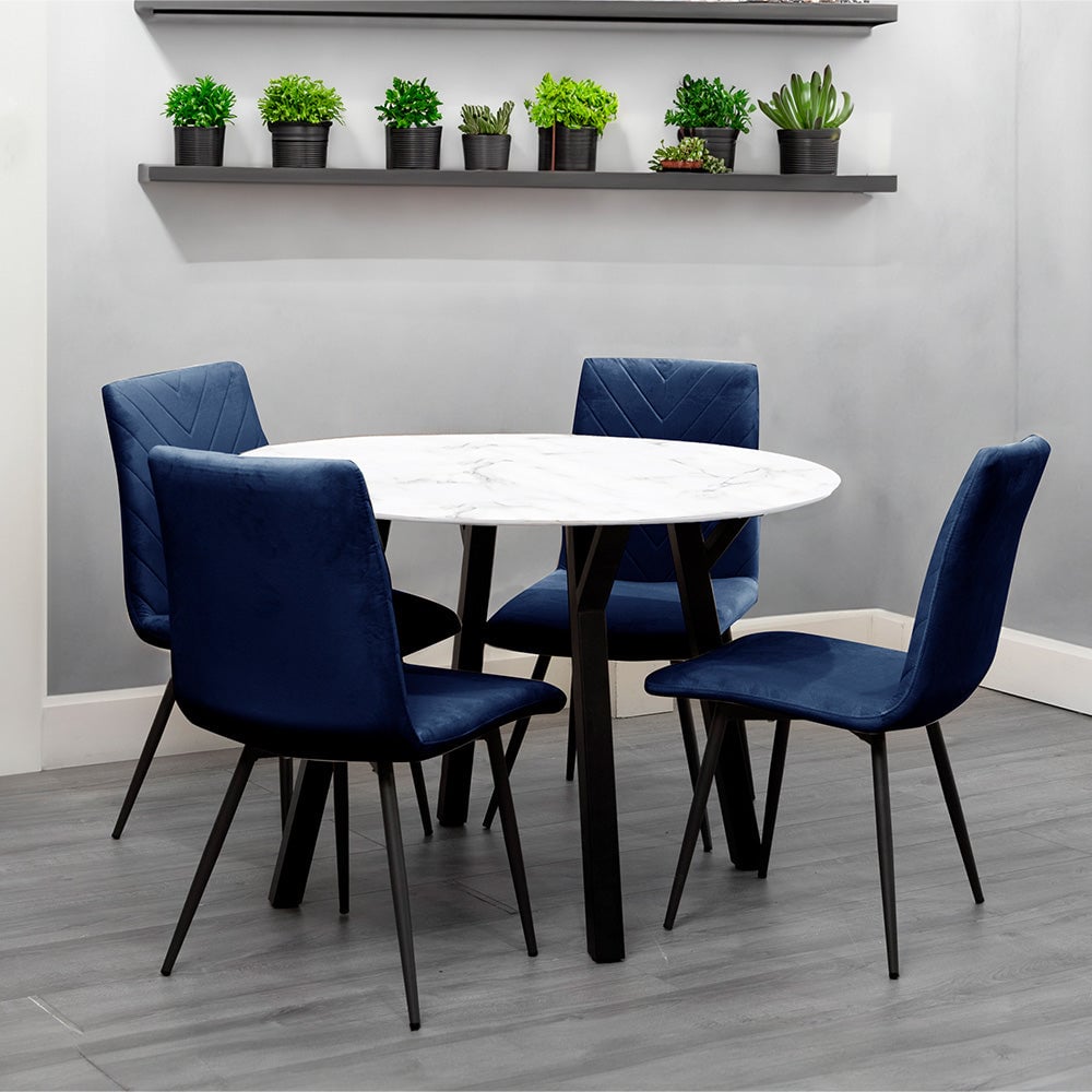 Product photograph of Frisco Marble Effect Dining Table Round With 4 Blue Chairs from Furniture in Fashion