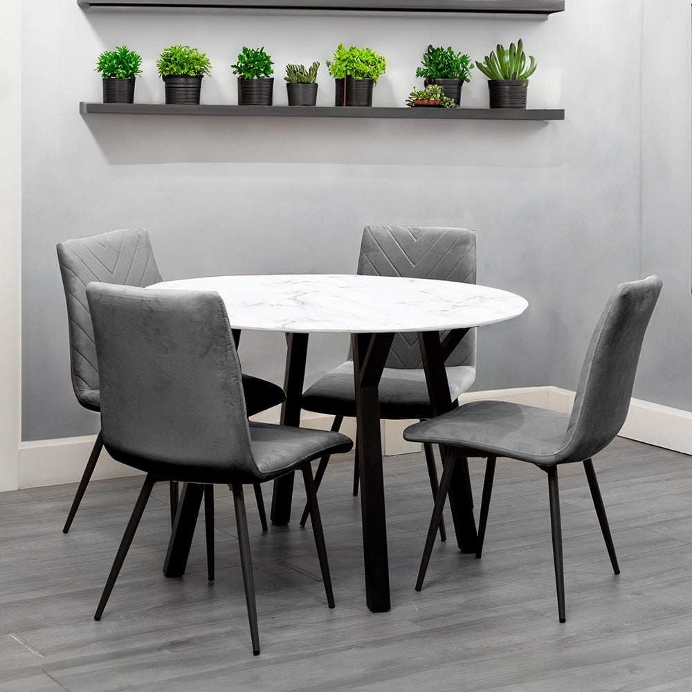 Product photograph of Frisco Marble Effect Dining Table Round With 4 Grey Chairs from Furniture in Fashion