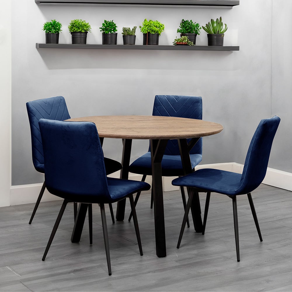 Product photograph of Frisco Oak Effect Dining Table Round With 4 Blue Chairs from Furniture in Fashion