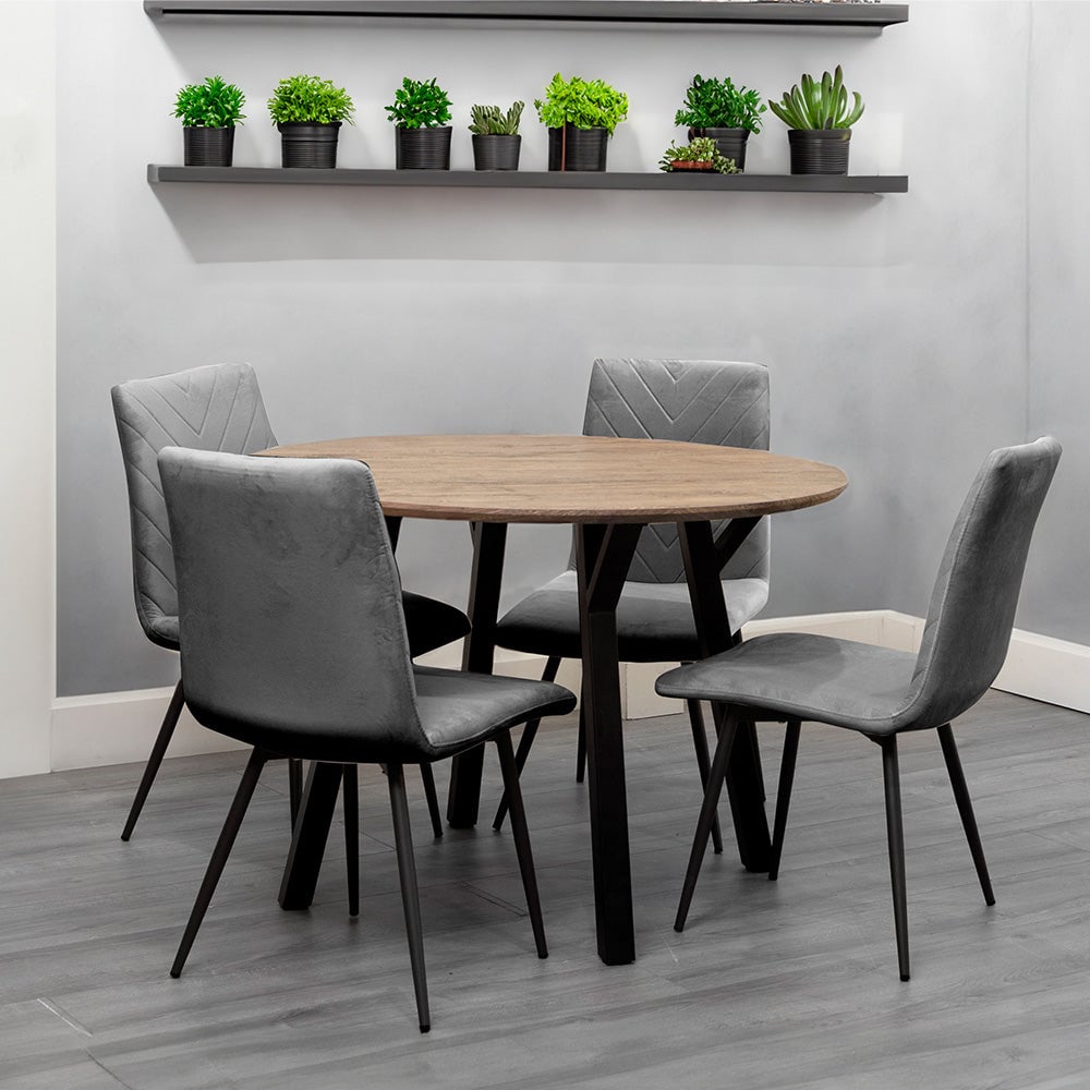 Product photograph of Frisco Oak Effect Dining Table Round With 4 Grey Chairs from Furniture in Fashion